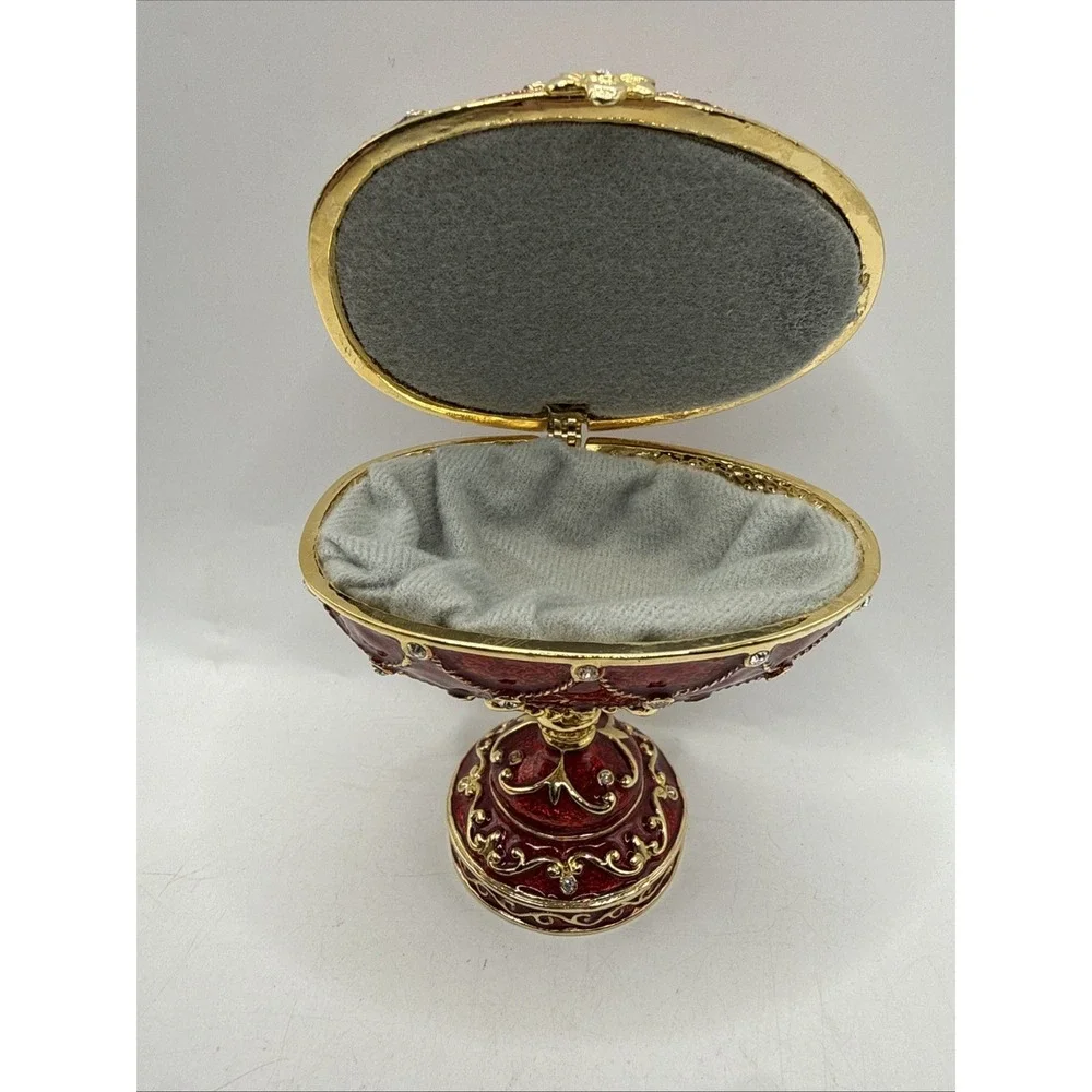 Jeweled Enameled Hinged Red Egg Trinket/Jewerly Box